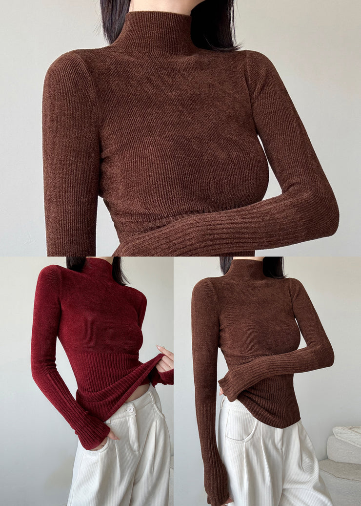 Brown Silm Fit Knit Sweater High Neck Spring