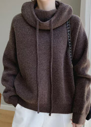 Brown Solid Cozy Wool Knit Sweater Hooded Spring