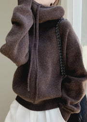 Brown Solid Cozy Wool Knit Sweater Hooded Spring