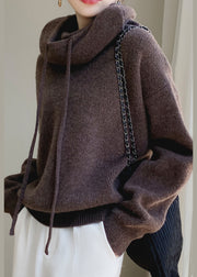 Brown Solid Cozy Wool Knit Sweater Hooded Spring