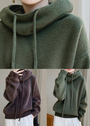 Brown Solid Cozy Wool Knit Sweater Hooded Spring