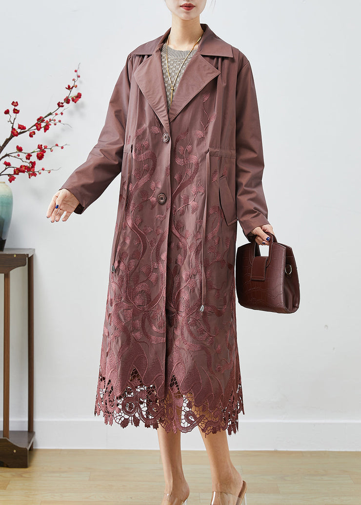 Brown Spandex Trench Coats Embroidered Tie Waist Fall