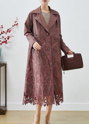 Brown Spandex Trench Coats Embroidered Tie Waist Fall