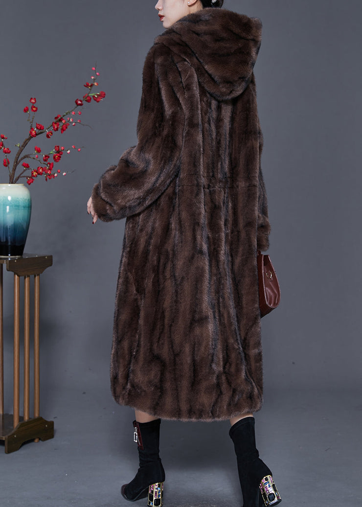 Brown Striped Faux Fur Trenchs Oversized Spring