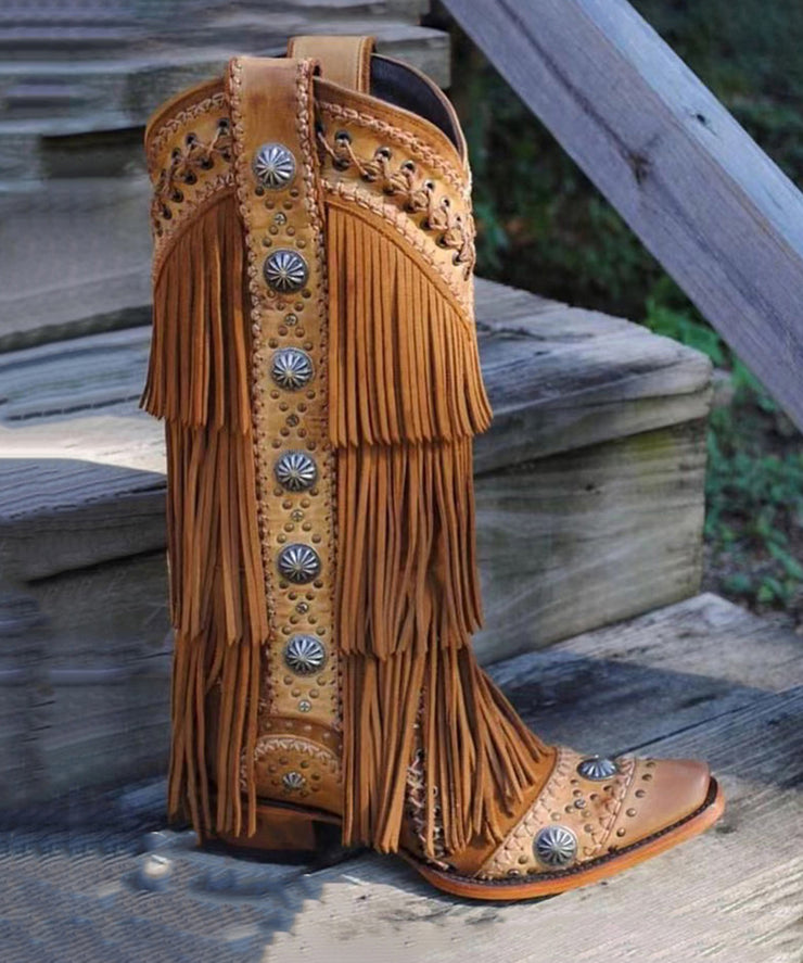 Brown Tassel Embroidery Splicing Chunky Cowboy Boots