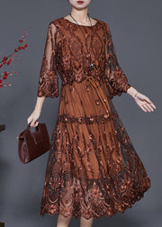 Brown Tulle Maxi Dresses Cinched Embroidered Summer