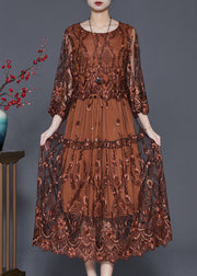 Brown Tulle Maxi Dresses Cinched Embroidered Summer