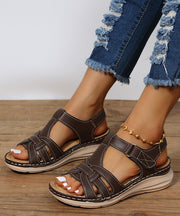 Brown Wedge Faux Leather Boho Splicing Sandals Peep Toe