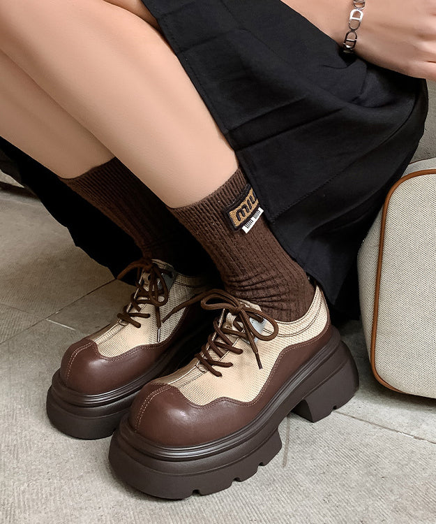 Brown Women Splicing Platform Loafers For Lace Up