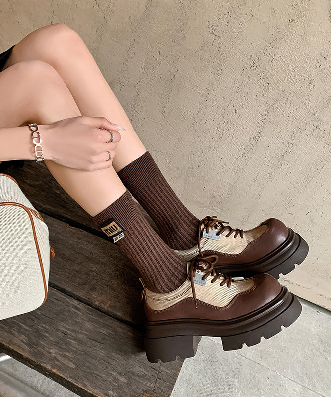 Brown Women Splicing Platform Loafers For Lace Up