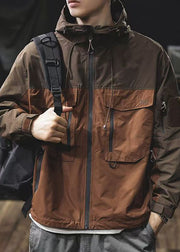 Brown Zippered Pockets Patchwork Loose Cotton Men Coat Hooded Spring