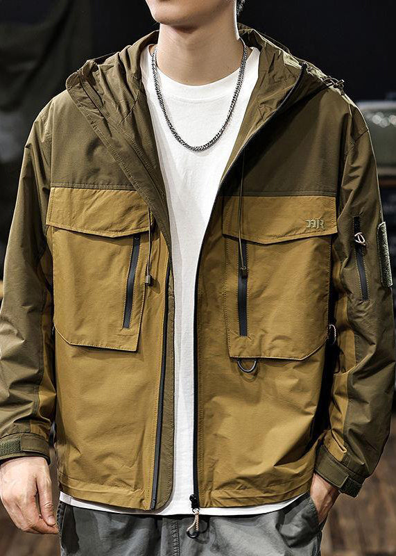 Brown Zippered Pockets Patchwork Loose Cotton Men Coat Hooded Spring