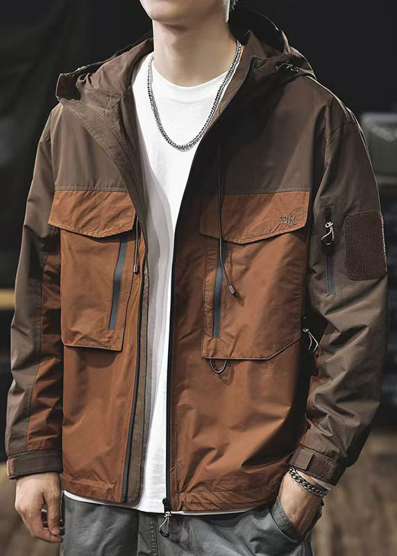 Brown Zippered Pockets Patchwork Loose Cotton Men Coat Hooded Spring