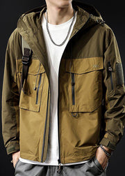 Brown Zippered Pockets Patchwork Loose Cotton Men Coat Hooded Spring