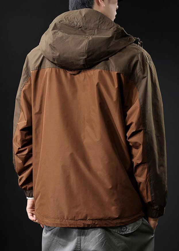 Brown Zippered Pockets Patchwork Loose Cotton Men Coat Hooded Spring