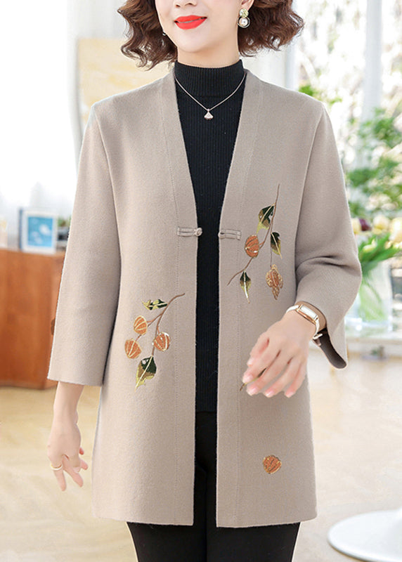 Camel Button Cotton Knit Coats V Neck Spring