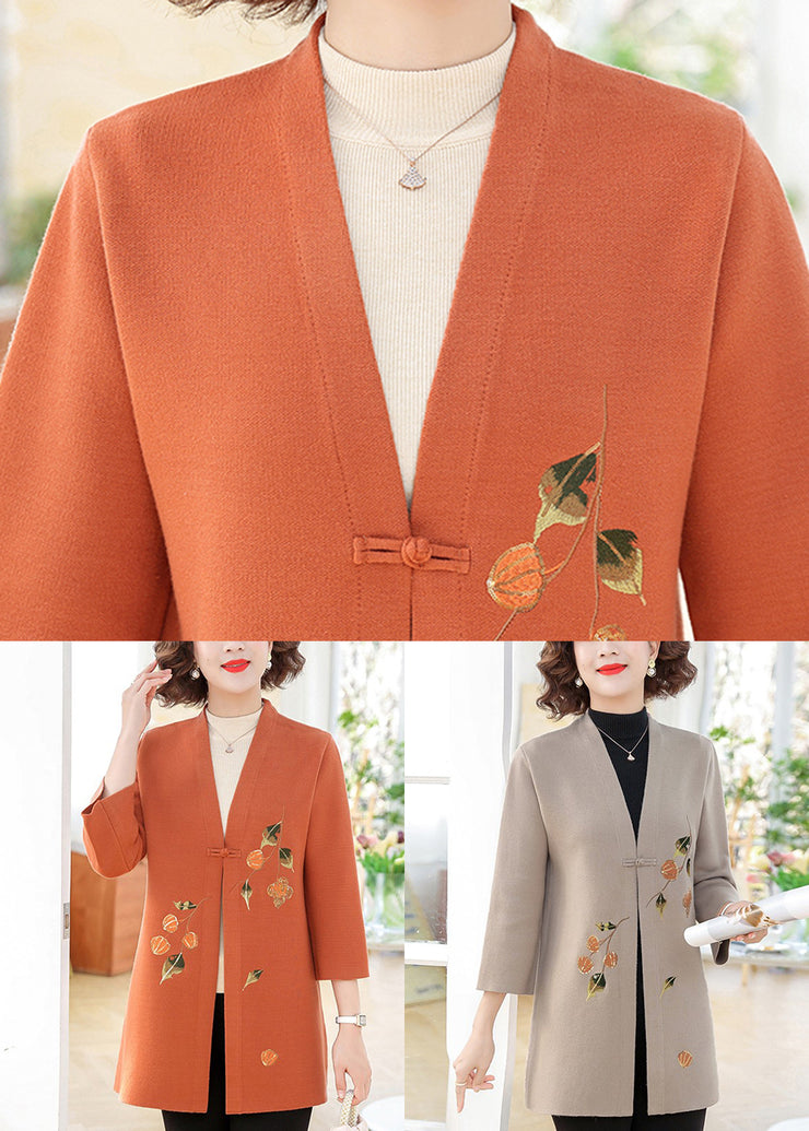 Camel Button Cotton Knit Coats V Neck Spring