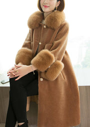 Camel Button Patchwork Woolen Coats Peter Pan Collar Winter