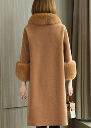 Camel Button Patchwork Woolen Coats Peter Pan Collar Winter