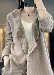 Camel Cozy Patchwork Wool Cardigan Peter Pan Collar Long Sleeve