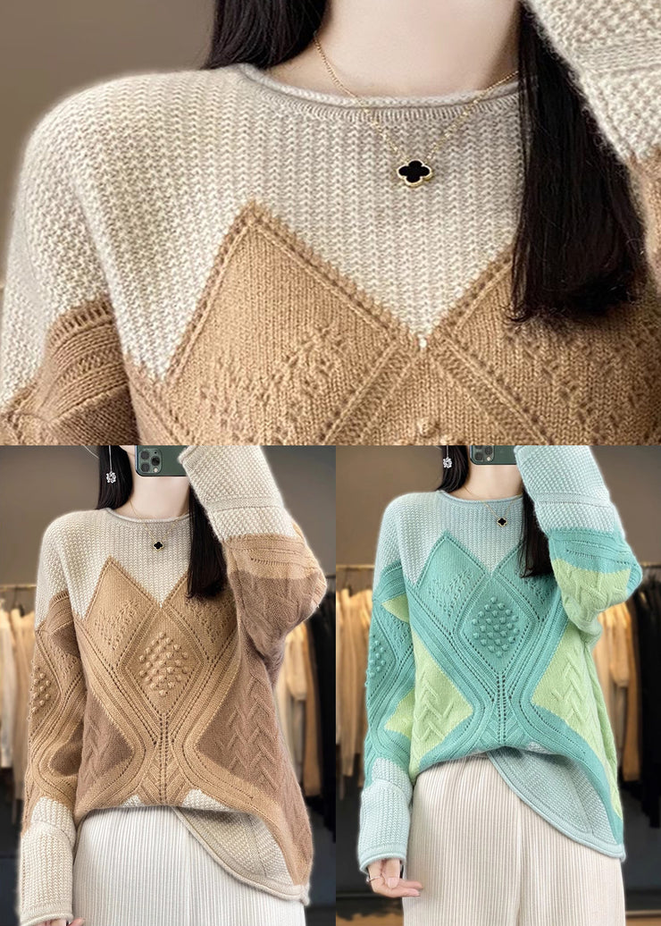 Camel Cozy Patchwork Woolen Knit Pullover Sweaters Spring