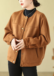 Camel Faux Suede Jacket O-Neck Oversized Spring