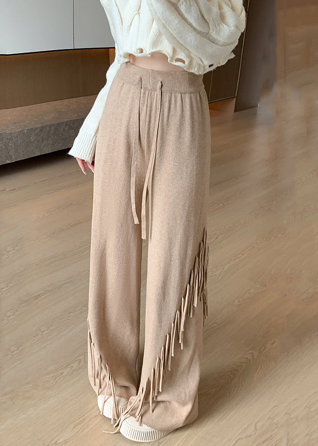 Camel Lace Up Patchwork Cotton Knit High Waist Pants