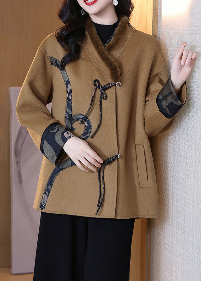 Camel Mink Hair Patchwork Wool Coat V Neck Spring