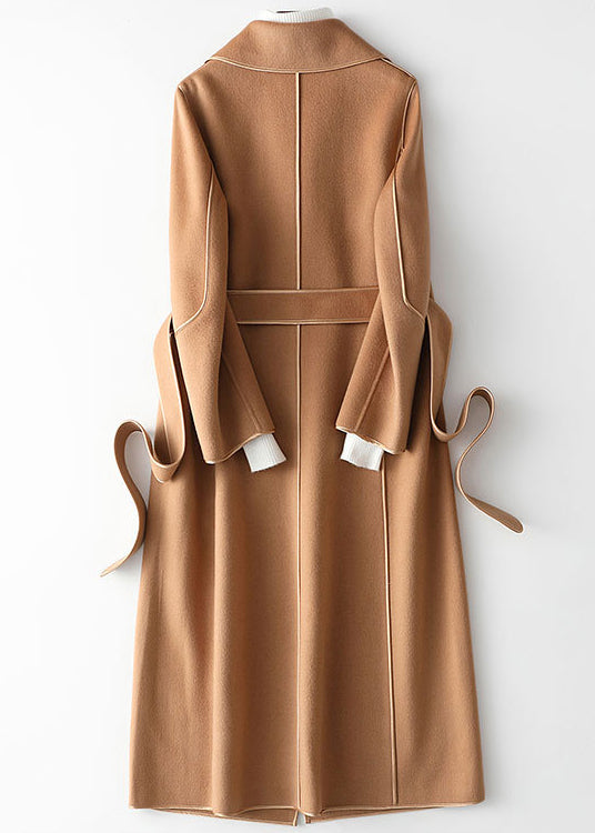 Camel Notched Tie Waist Woolen Long Coats Fall