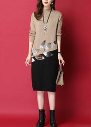 Camel Patchwork Knitted Sweater Dress Leaf Sequins Long Sleeve