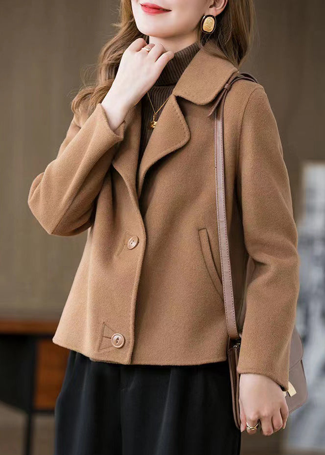 Camel Peter Pan Collar Woolen Coat Long Sleeve