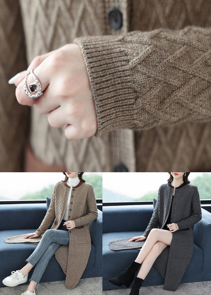 Camel Pockets Patchwork Long Wool Outwear O Neck Button Fall