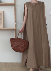 Camel Side Open Cotton Maxi Dresses O Neck Sleeveless