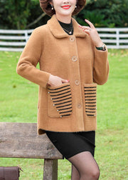 Camel Warm Mink Hair Knitted Coat Outwear Nail Bead Pockets Winter