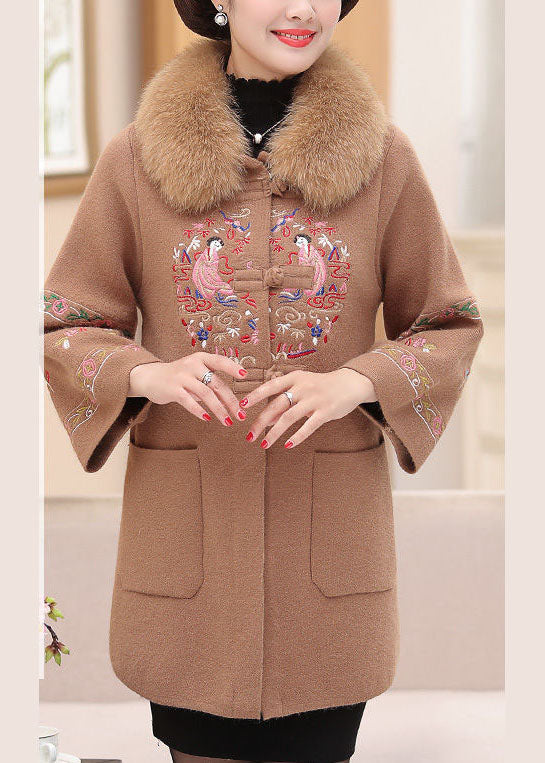 Camel Warm Woolen Coats Faux Fur Collar Embroideried Pockets Winter