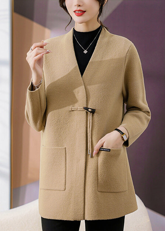 Camel Woolen Coats Patchwork Button Spring