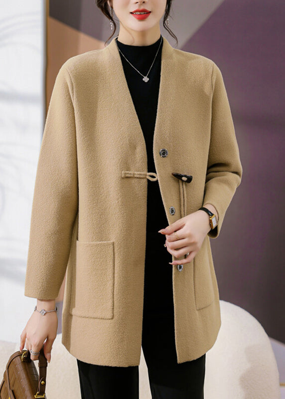 Camel Woolen Coats Patchwork Button Spring