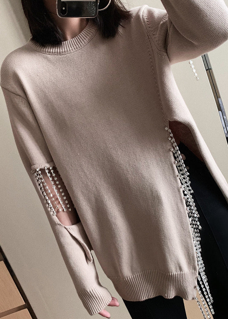 Camel Zircon Side Open Cotton Knit Sweaters O Neck Spring