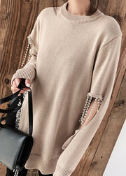 Camel Zircon Side Open Cotton Knit Sweaters O Neck Spring