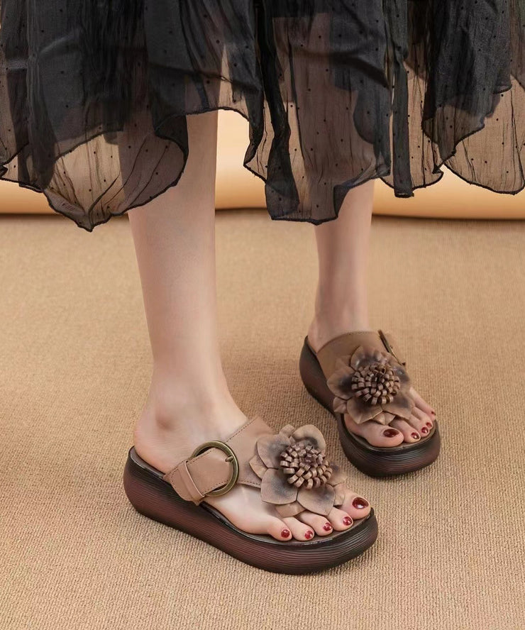 Cameo Brown Floral Handmade Cowhide Leather Wedge Thong Sandals
