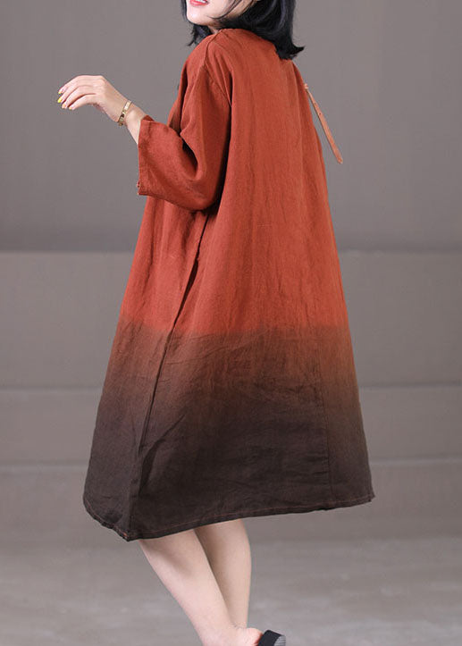 Caramel Exra Large Hem Cotton Vacation Dress O-Neck Gradient Color Half Sleeve