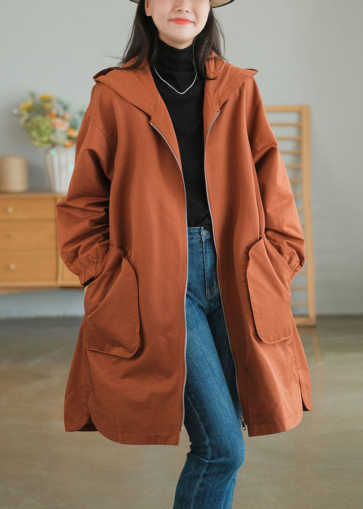 Caramel Fine Cotton Loose Coats Hooded Zippered Fall