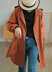 Caramel Fine Cotton Loose Coats Hooded Zippered Fall