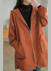 Caramel Fine Cotton Loose Coats Hooded Zippered Fall