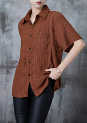 Caramel Hollow Out Cotton Shirt Top Embroidered Summer