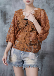 Caramel Hollow Out Lace Blouses Lace Up Summer