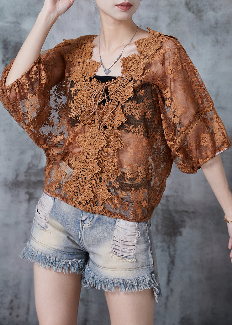 Caramel Hollow Out Lace Blouses Lace Up Summer