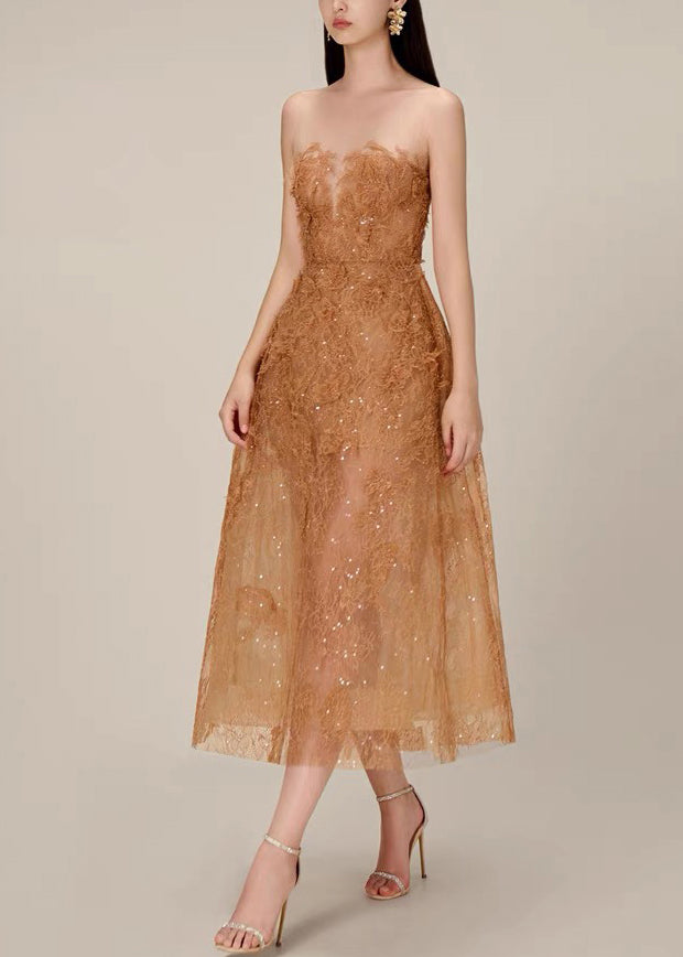 Caramel Lace Sequins Tulle Long Dress Strapless Summer