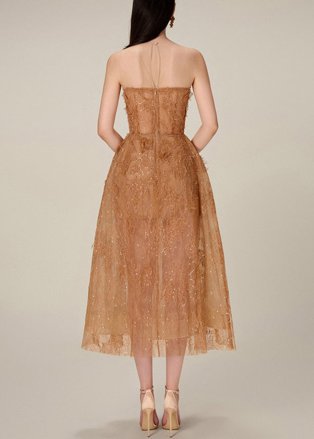 Caramel Lace Sequins Tulle Long Dress Strapless Summer