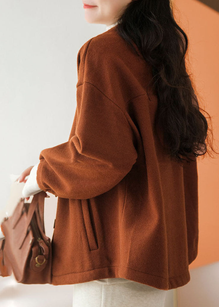 Caramel Oversized Woolen Coats V Neck Solid Winter